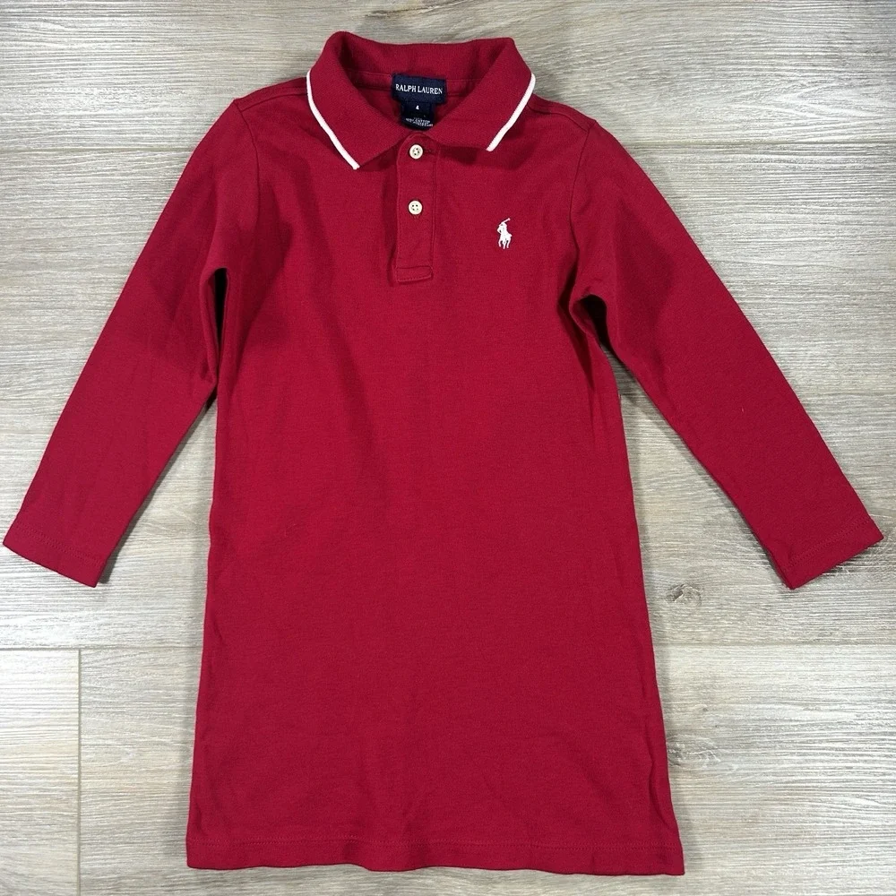 Ralph Lauren Girls Sz 4 Red Classic Long‎ Sleeve 100% Cotton Oxford Shirt Dress